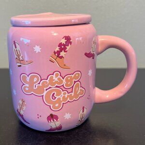 "Let's Go Girls" Cowgirl Western Boots Pink Ceramic Sipper Mug w/ Lid / Coaster